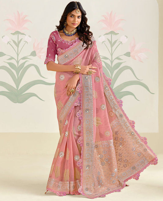 Pink floral embroidery with stone work designer catalogue  saree & floral scallop border