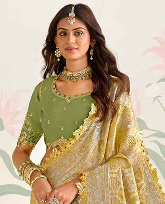 Yellow geometric design embroidered designer catalogue  saree with mirror work & floral scallop border