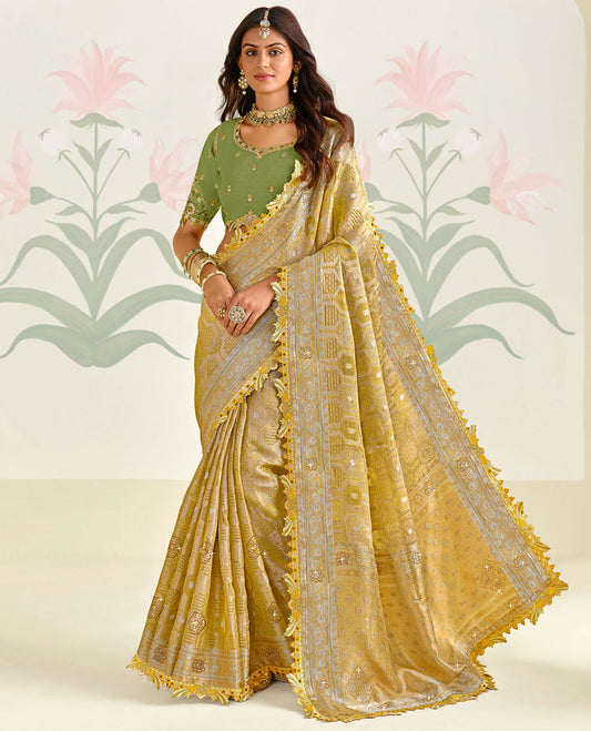 Yellow geometric design embroidered designer catalogue  saree with mirror work & floral scallop border
