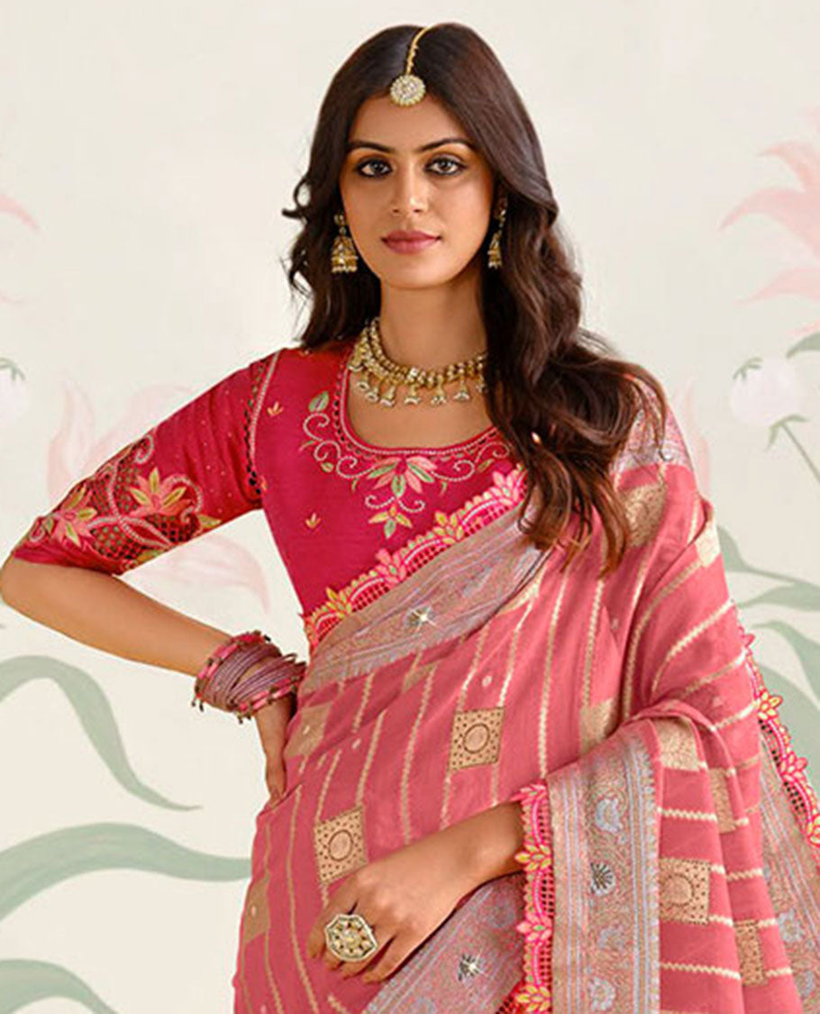 Pink striped, geometric design with floral embroidery designer catalogue saree & scallop lace border