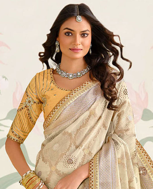 Cream ogee design with stone work designer catalogue  saree , & self zari border