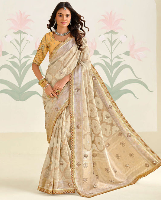 Cream ogee design with stone work designer catalogue  saree , & self zari border
