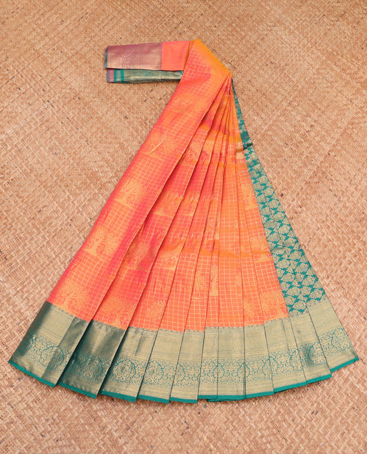 Orange Budget Silk Saree, Richly Detailed with Zari Buttas and Checks, Complemented by a Contrast Traditional Zari Border, Grand Pallu, and a Contrast Blouse