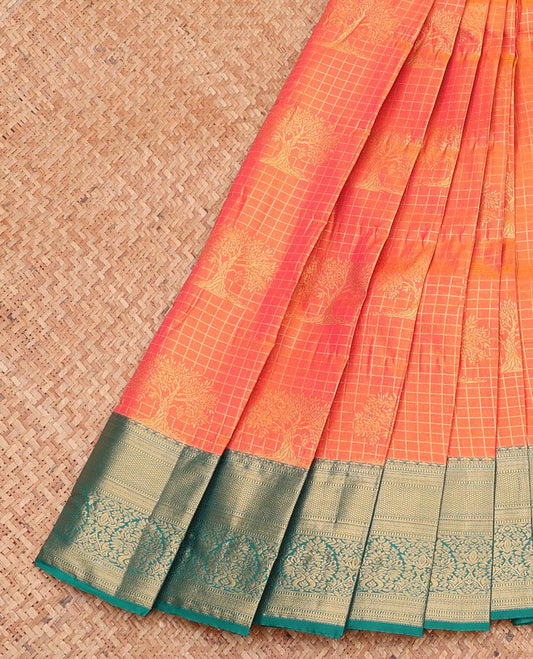 Orange Budget Silk Saree, Richly Detailed with Zari Buttas and Checks, Complemented by a Contrast Traditional Zari Border, Grand Pallu, and a Contrast Blouse