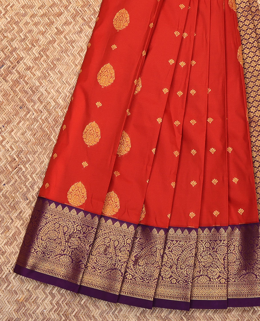Rust Budget Silk Saree, Enriched with Zari Buttas All Over Its Body, Complemented by a Contrast Traditional Zari Design Border, Pallu Steeped with Flower Designs, and Paired with a Contrast Blouse