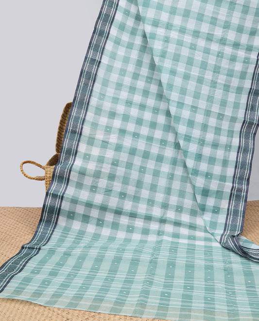 Green checked Bengal cotton saree with buttas, traditional design border & intricate pallu