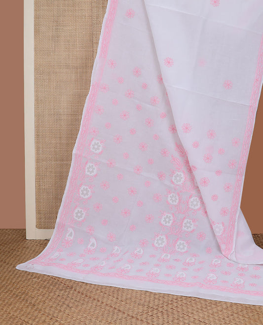 Baby pink flowers thread embroidered Lucknowi chikankari saree, self-border, & floral-paisley embroidered pallu
