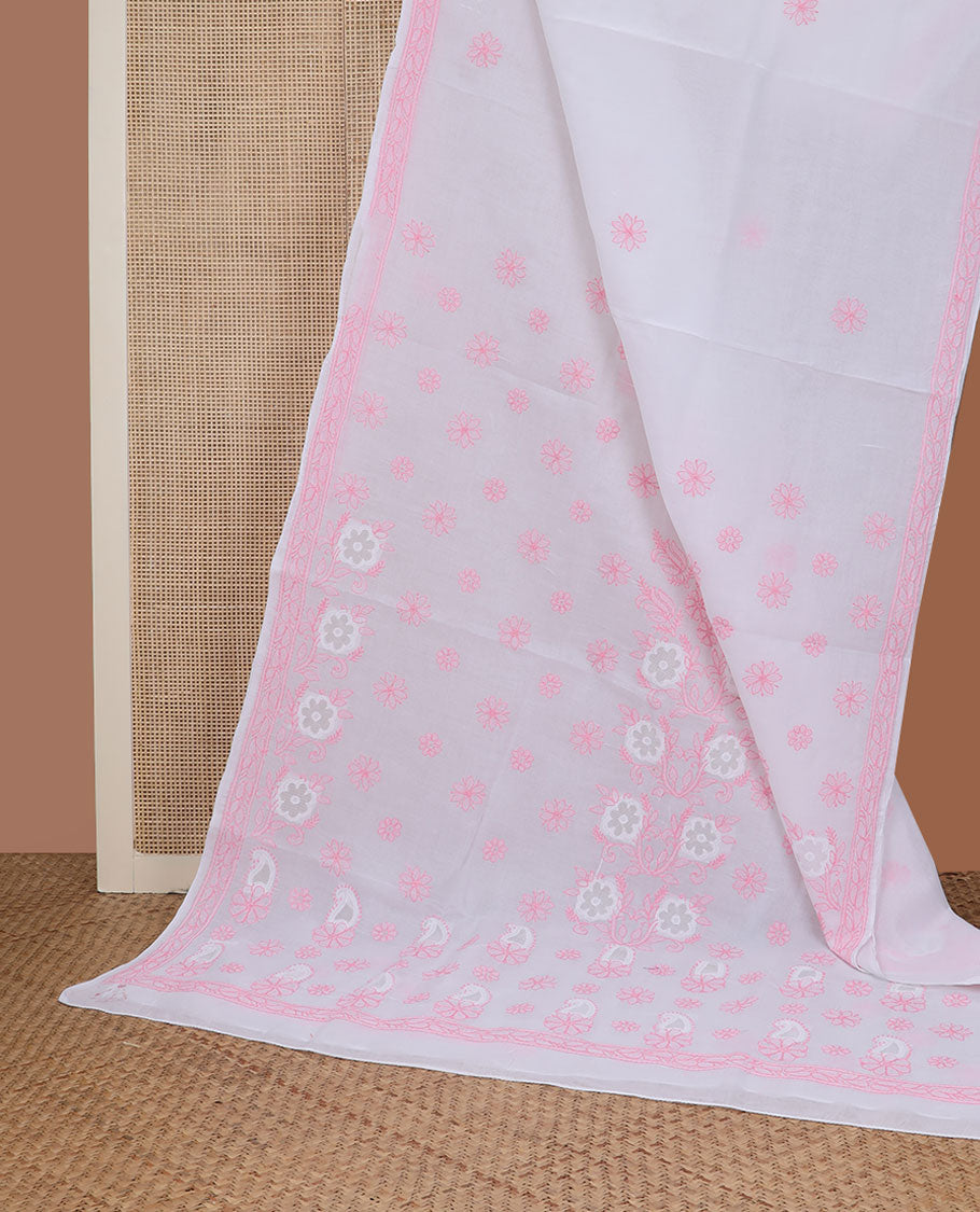 Baby pink flowers thread embroidered Lucknowi chikankari saree, self-border, & floral-paisley embroidered pallu