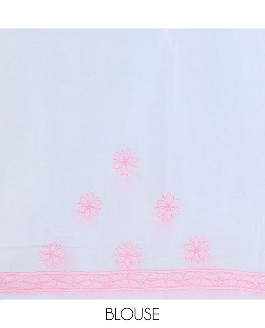 Baby pink flowers thread embroidered Lucknowi chikankari saree, self-border, & floral-paisley embroidered pallu