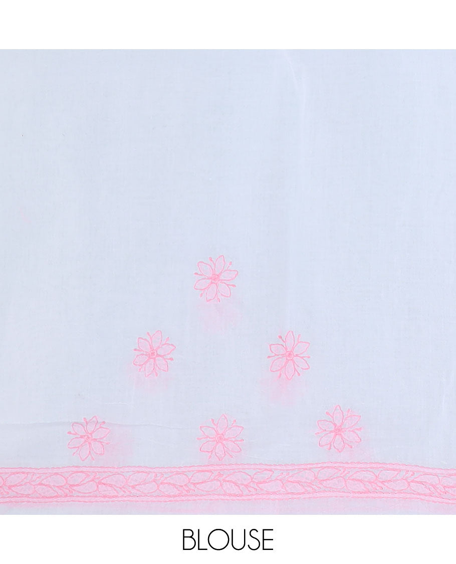 Baby pink flowers thread embroidered Lucknowi chikankari saree, self-border, & floral-paisley embroidered pallu