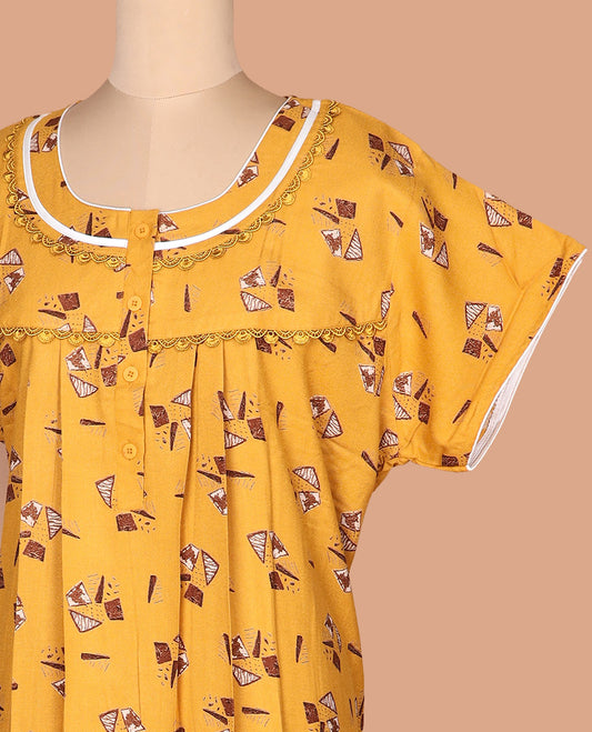 Mango yellow geometric motifs with round neck half-sleeve cotton nighty