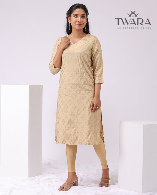 Twara sandal geometric embroidered v neck, 3/4 th sleeve , knee lenght straight cut kurti