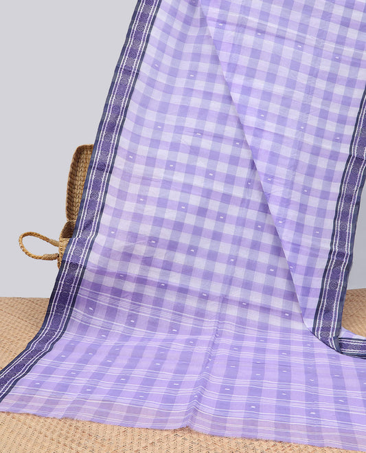 Lavender checked Bengal cotton saree with buttas, traditional design border & intricate pallu