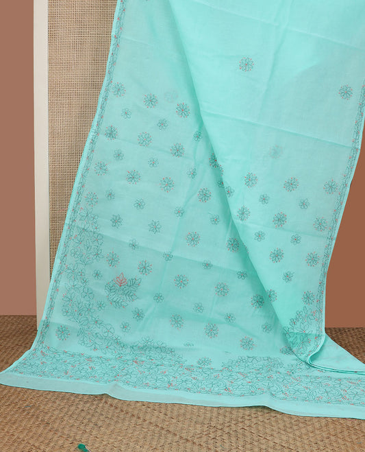 Turquoise flowers thread embroidered Lucknowi chikankari saree, self-border, & floral embroidered pallu
