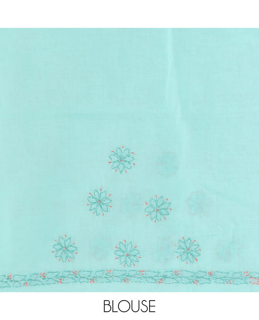 Turquoise flowers thread embroidered Lucknowi chikankari saree, self-border, & floral embroidered pallu