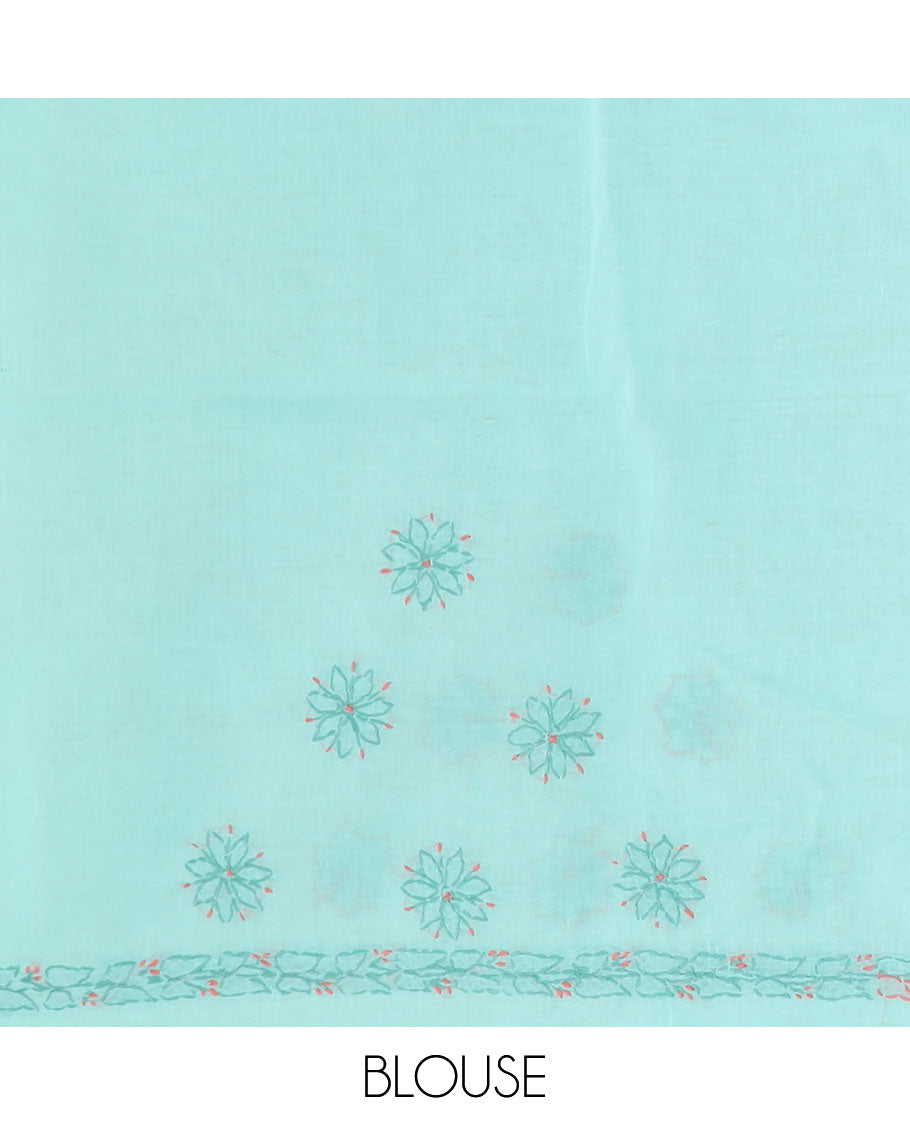 Turquoise flowers thread embroidered Lucknowi chikankari saree, self-border, & floral embroidered pallu