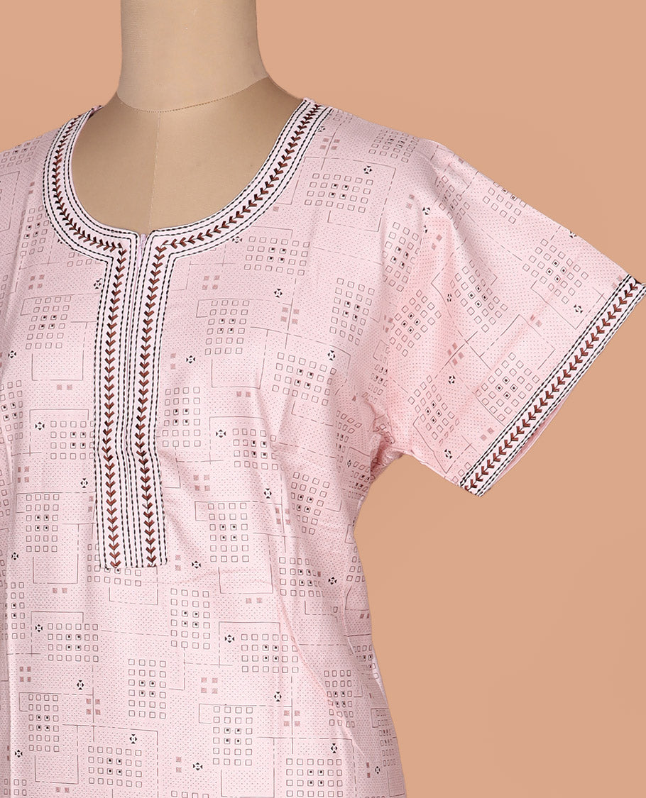 Pastel pink geometric patterned with round neck embroidered half-sleeve cotton nighty