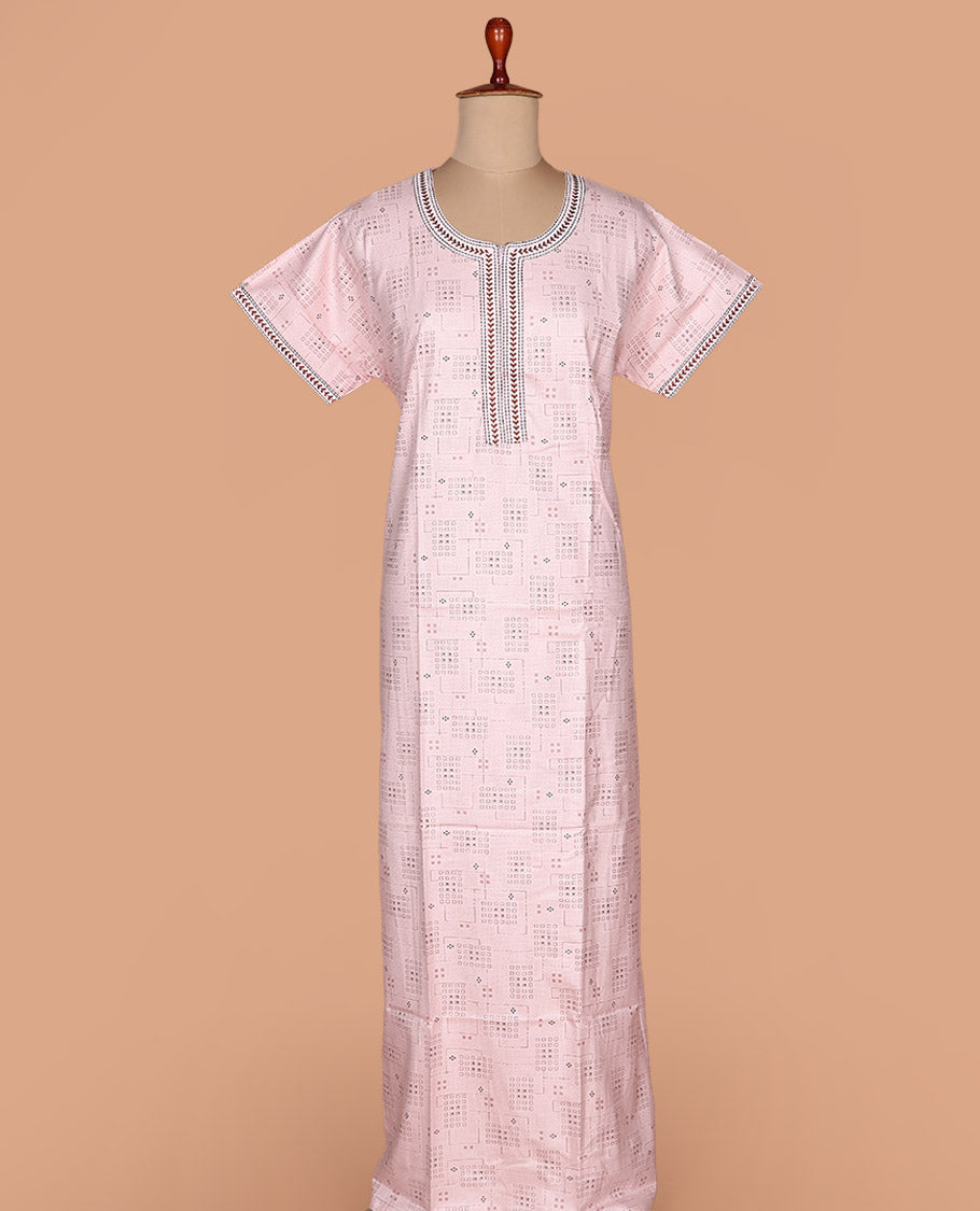 Pastel pink geometric patterned with round neck embroidered half-sleeve cotton nighty
