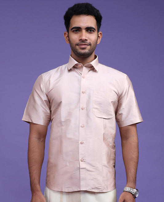 Cream plain design half-sleeve pure-silk shirt