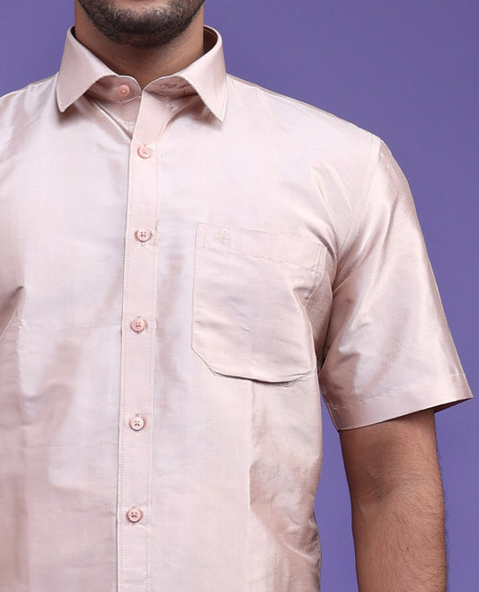 Cream plain design half-sleeve pure-silk shirt