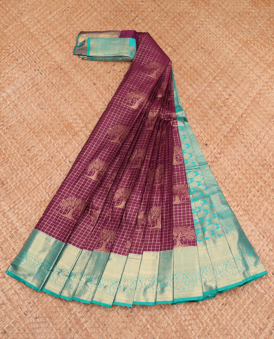 Purple Budget Silk Saree, Impeccably Styled with Zari Buttas and Checks, Complemented by a Contrast Traditional Zari Border, Grand Pallu, and a Contrast Blouse