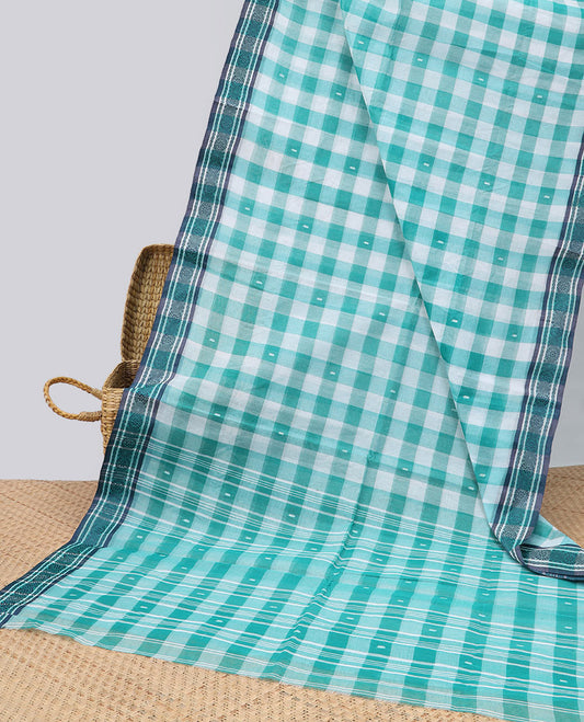 Green checked Bengal cotton saree with buttas, traditional design border & intricate pallu