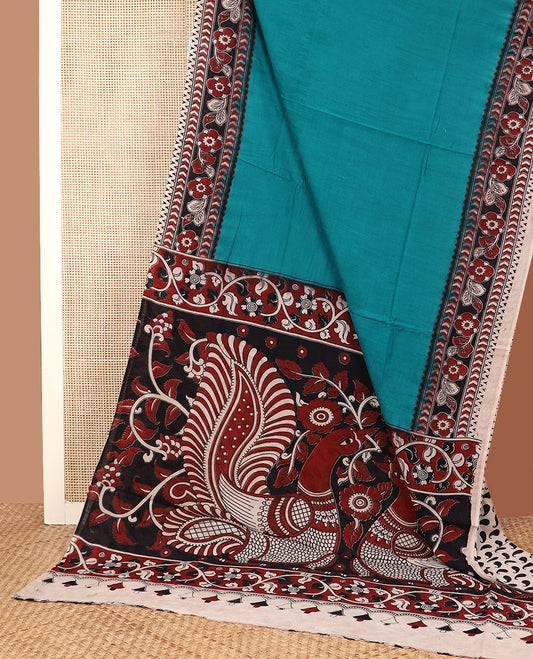 Blue plain machine-printed kalamkari cotton saree, contrast chevron & floral printed border & kalamkari-style floral-peacock pallu