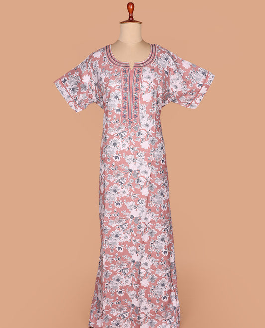 Pink floral printed with round neck embroidered half-sleeve cotton nighty