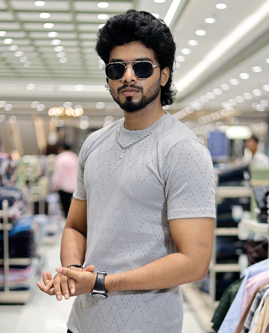 Grey Chevron Cotton-Blended T-Shirt