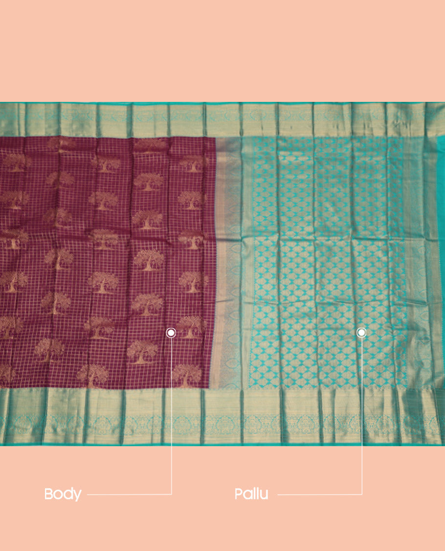 Purple Budget Silk Saree, Impeccably Styled with Zari Buttas and Checks, Complemented by a Contrast Traditional Zari Border, Grand Pallu, and a Contrast Blouse