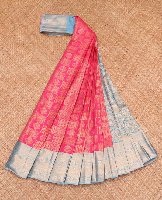 Pink Budget Silk Saree, Richly Detailed with Jacquard Design, Complemented by a Contrast Traditional Zari Border, Grand Pallu, and a Contrast Blouse