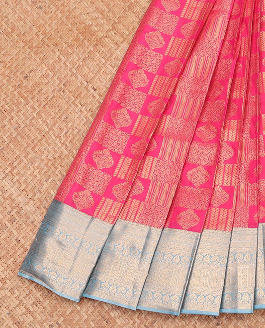Pink Budget Silk Saree, Richly Detailed with Jacquard Design, Complemented by a Contrast Traditional Zari Border, Grand Pallu, and a Contrast Blouse
