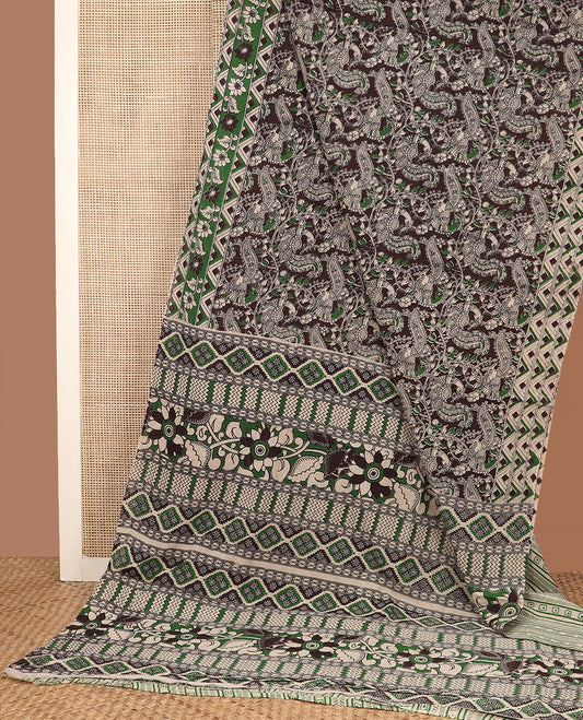 Black floral vine peacocks machine-printed kalamkari cotton saree, chevron & floral printed border & floral-geometric pallu