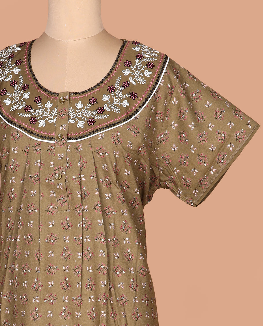 Brown floral motifs printed with floral embroidered half-sleeve cotton nighty