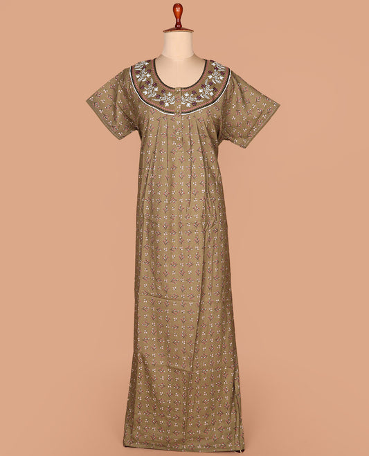 Brown floral motifs printed with floral embroidered half-sleeve cotton nighty
