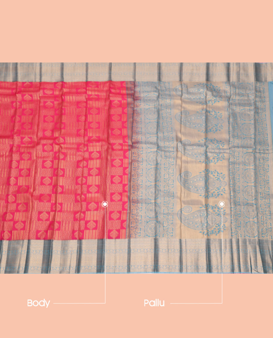 Pink Budget Silk Saree, Richly Detailed with Jacquard Design, Complemented by a Contrast Traditional Zari Border, Grand Pallu, and a Contrast Blouse