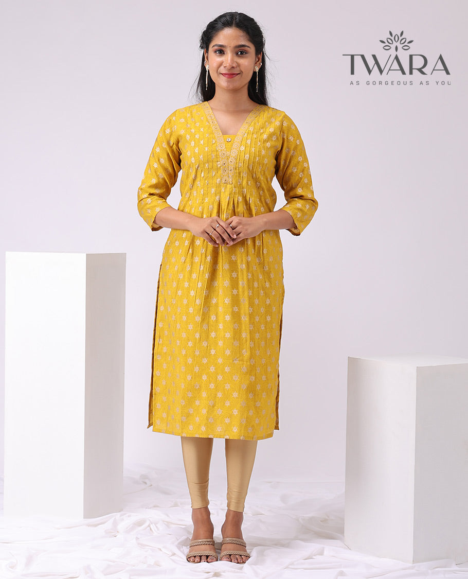 Twara yellow floral printed v neck, 3/4 th sleeve, below knee lenght kurti