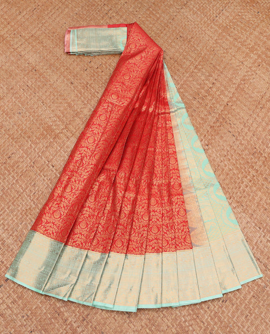 Red Budget Silk Saree, Beautifully Bedecked with Jacquard Design, Complemented by a Contrast Traditional Zari Border, Grand Pallu, and a Contrast Blouse