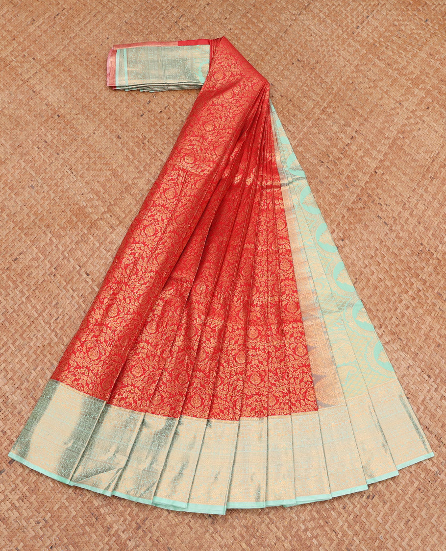 Red Budget Silk Saree, Beautifully Bedecked with Jacquard Design, Complemented by a Contrast Traditional Zari Border, Grand Pallu, and a Contrast Blouse