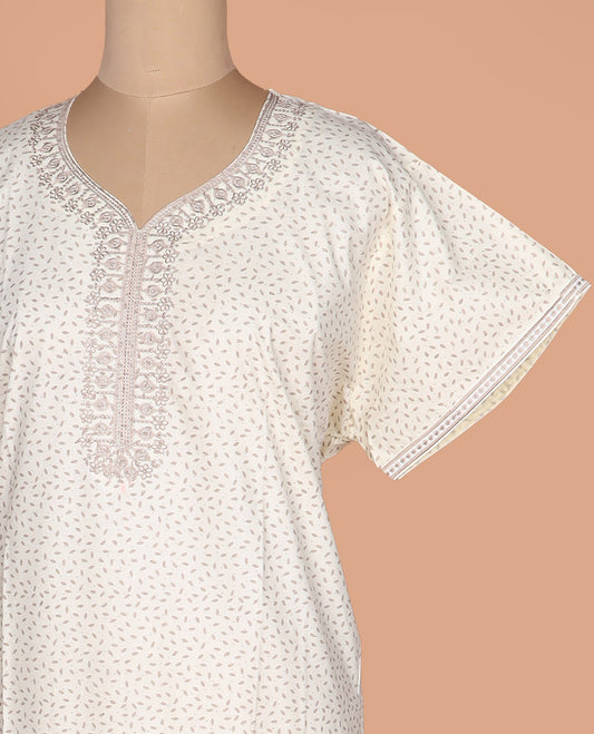 Cream leaf printed with leaf-neck embroidered half-sleeve cotton nighty