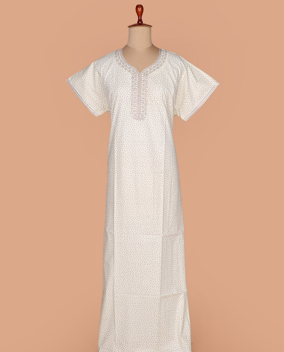 Cream leaf printed with leaf-neck embroidered half-sleeve cotton nighty