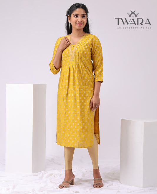 Twara yellow floral printed v neck, 3/4 th sleeve, below knee lenght kurti