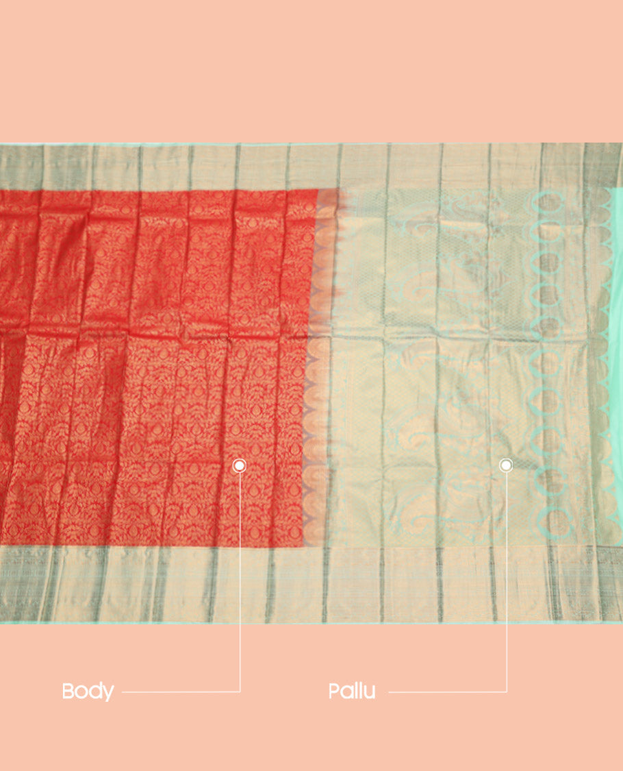 Red Budget Silk Saree, Beautifully Bedecked with Jacquard Design, Complemented by a Contrast Traditional Zari Border, Grand Pallu, and a Contrast Blouse