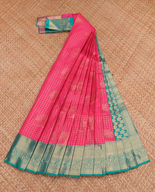 Pink Budget Silk Saree, Embellished with Zari Buttas and Checks, Complemented by a Contrast Traditional Zari Border, Grand Pallu, and a Contrast Blouse