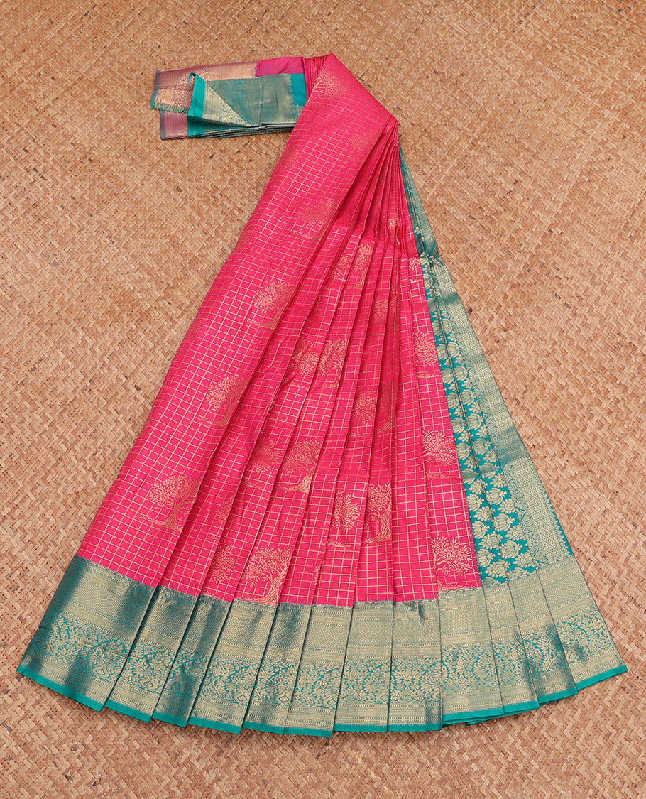 Pink Budget Silk Saree, Embellished with Zari Buttas and Checks, Complemented by a Contrast Traditional Zari Border, Grand Pallu, and a Contrast Blouse