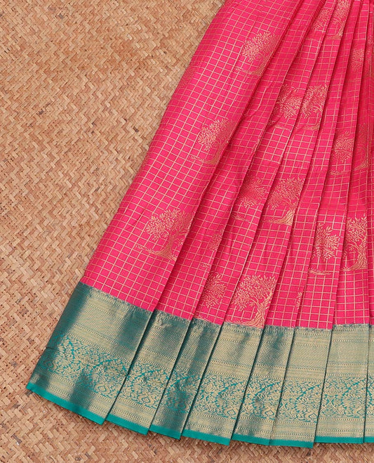 Pink Budget Silk Saree, Embellished with Zari Buttas and Checks, Complemented by a Contrast Traditional Zari Border, Grand Pallu, and a Contrast Blouse