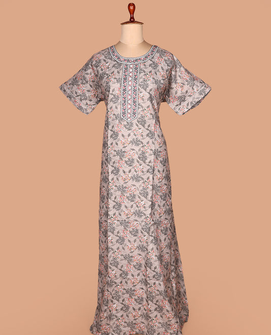 Grey geometric printed with boat-neck embroidered half-sleeve cotton nighty