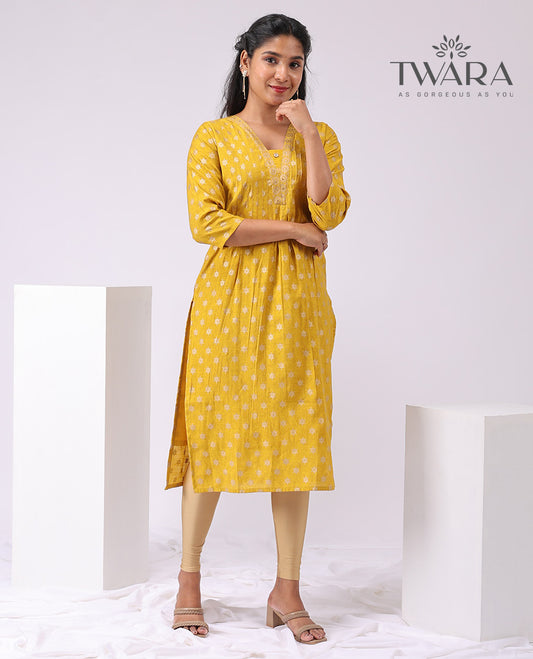 Twara yellow floral printed v neck, 3/4 th sleeve, below knee lenght kurti