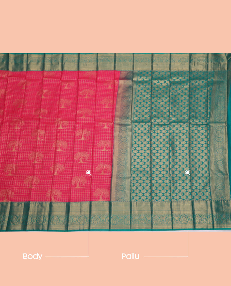Pink Budget Silk Saree, Embellished with Zari Buttas and Checks, Complemented by a Contrast Traditional Zari Border, Grand Pallu, and a Contrast Blouse