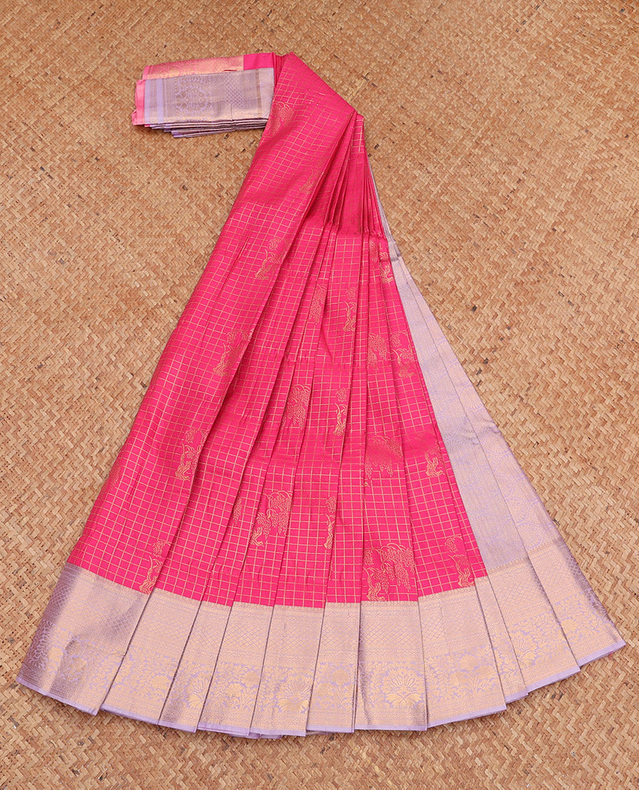 Pink Budget Silk Saree, Detailed with Zari Buttas and Checks, Complemented by a Contrast Traditional Zari Border, Grand Pallu, and a Contrast Blouse